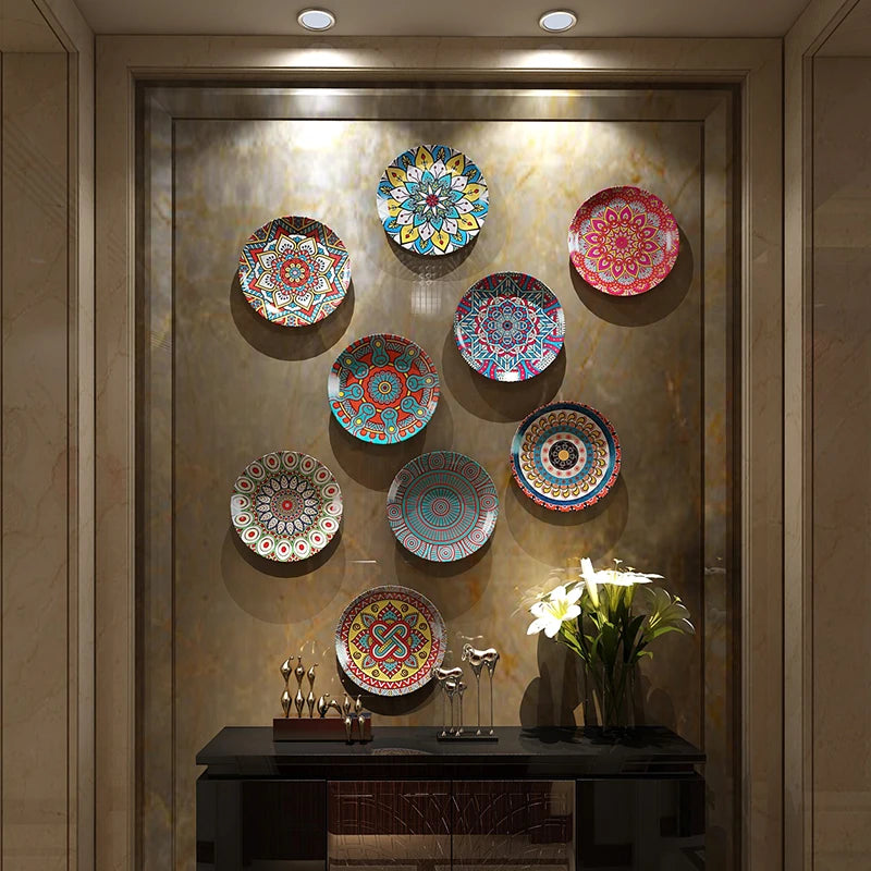 Bohemian style ceramic decorative plate Living room decoration sitting plate decoration background wall hanging plate