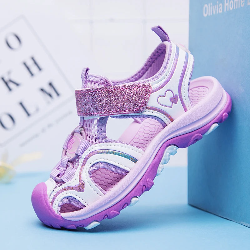 ULKNN Girl'S Sandals 2023 Fashion Summer Shoe Big KIDS Closed-toe Sports Beach Shoes Baby PURPLE PINK BAOTOU SANDALS