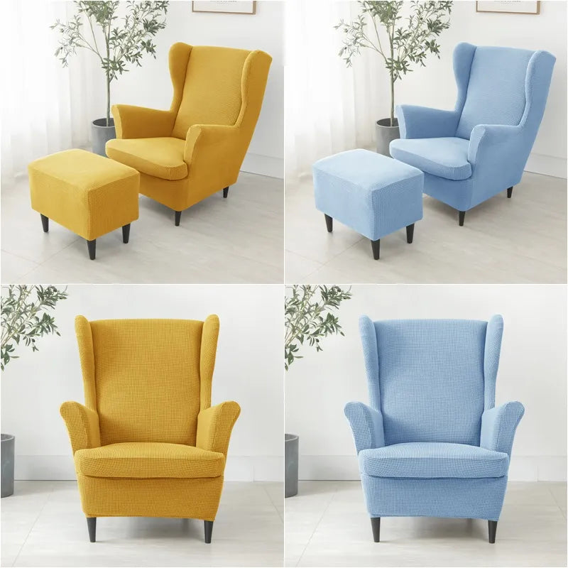 Solid Color Wing Chair Cover Stretch Spandex Armchair Covers Elastic Sofa Slipcovers With Seat Cushion Cover Footstool Covers