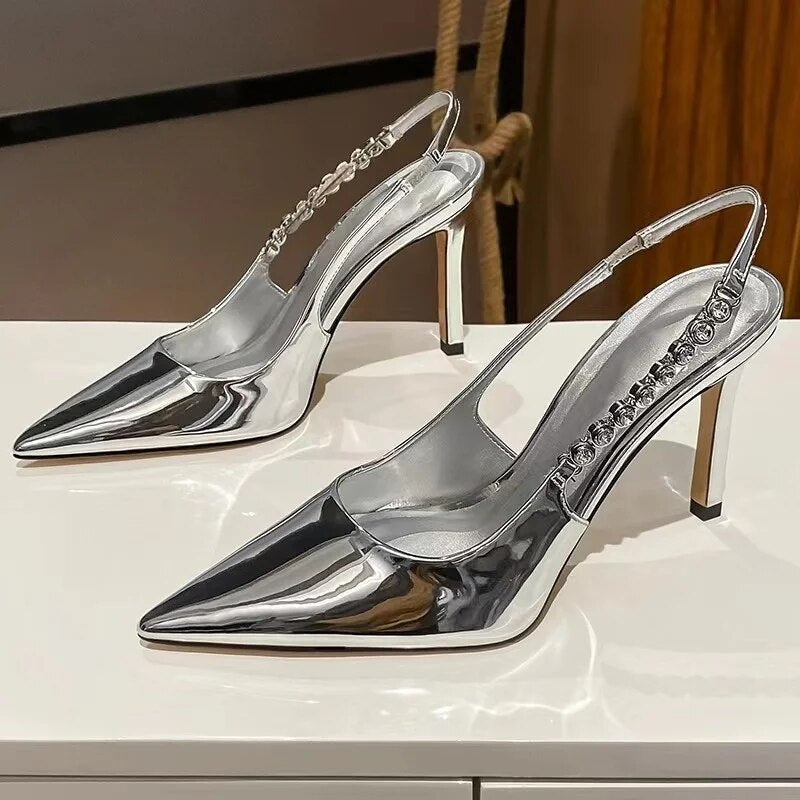 Shiny High Heels Slingback Silver Women Pumps Metallic Crystal Sandals Pointy Toe Stiletto Heeled Shoes Party Dress Shoes Woman