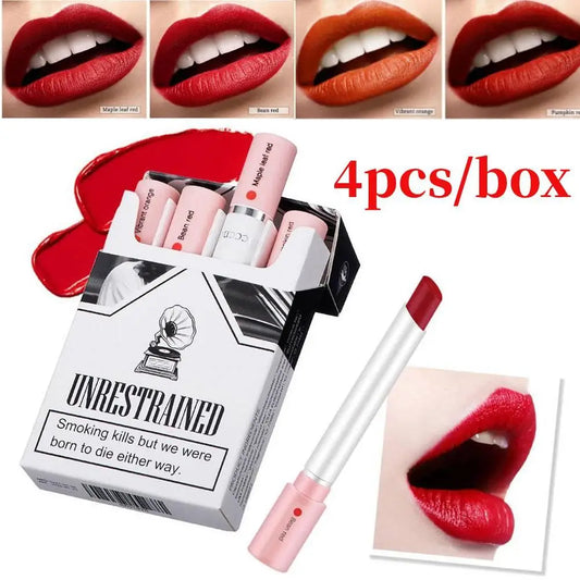 4pcs/box Women Matte Lipstick Kits Lipstick 24 Hour Lasting Lip Tint Stain Set Waterproof Glossy Makeup Cigarette Shape Lipstick