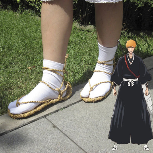 Anime Bleach Kurosaki Ichigo Cosplay Shoes Kuchiki Rukia Adult Unisex Handmade Straw Sandals Slippers Socks Costume Props