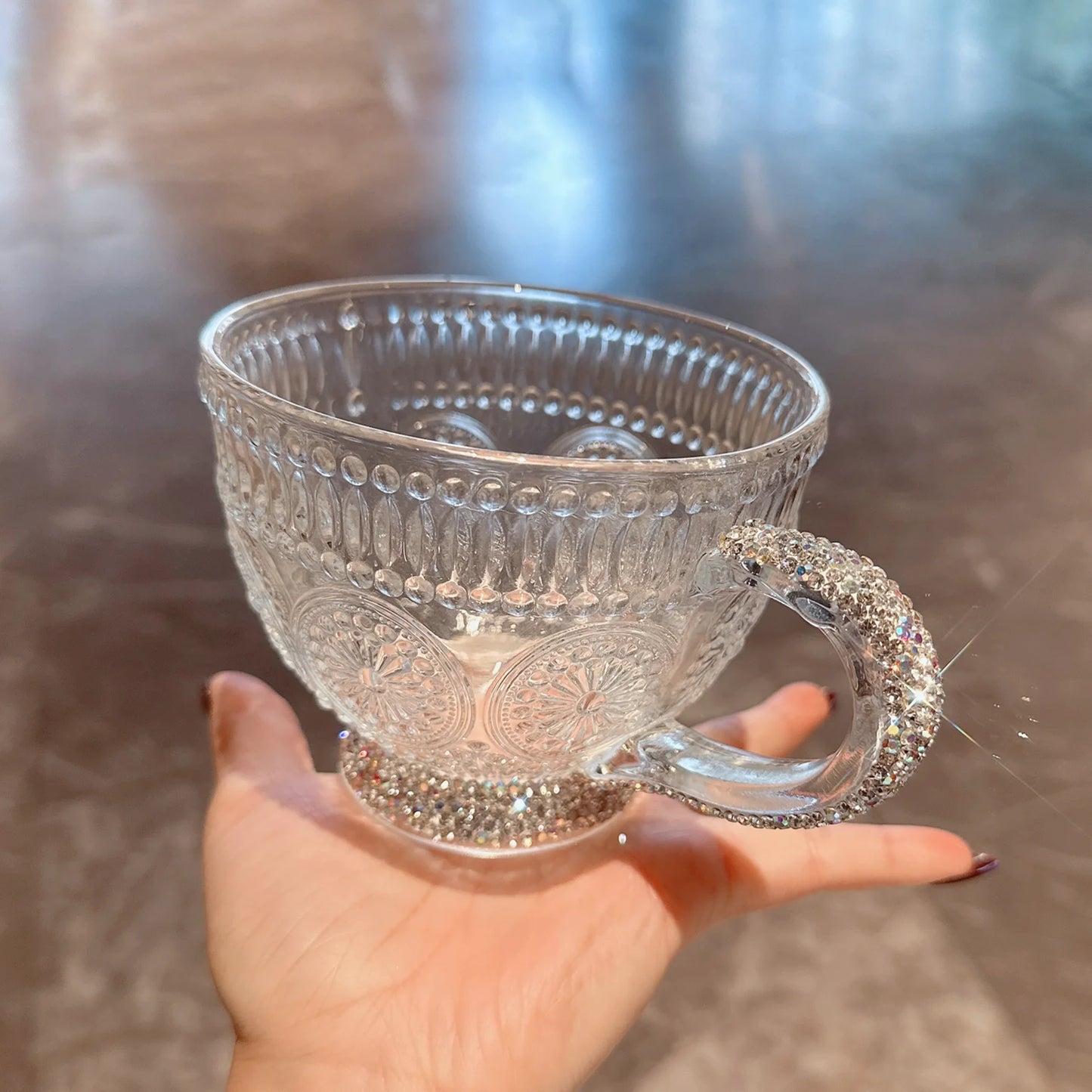 Sparkling Round Glass Cup Embossed Sunflower Milk Juice Drinking Glasses Shot Glass Coffee Cup Personalize Gift for Mom Tea Cup