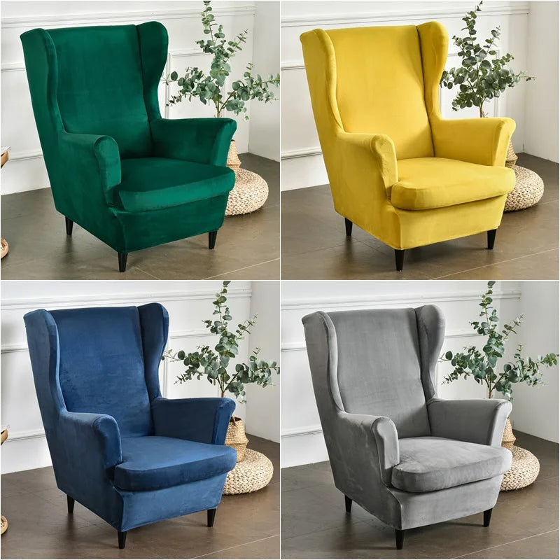 Velvet Wing Chair Cover Stretch Spandex Wingback Armchair Covers Elastic Soft Removable Sofa Slipcovers with Seat Cushion Cover