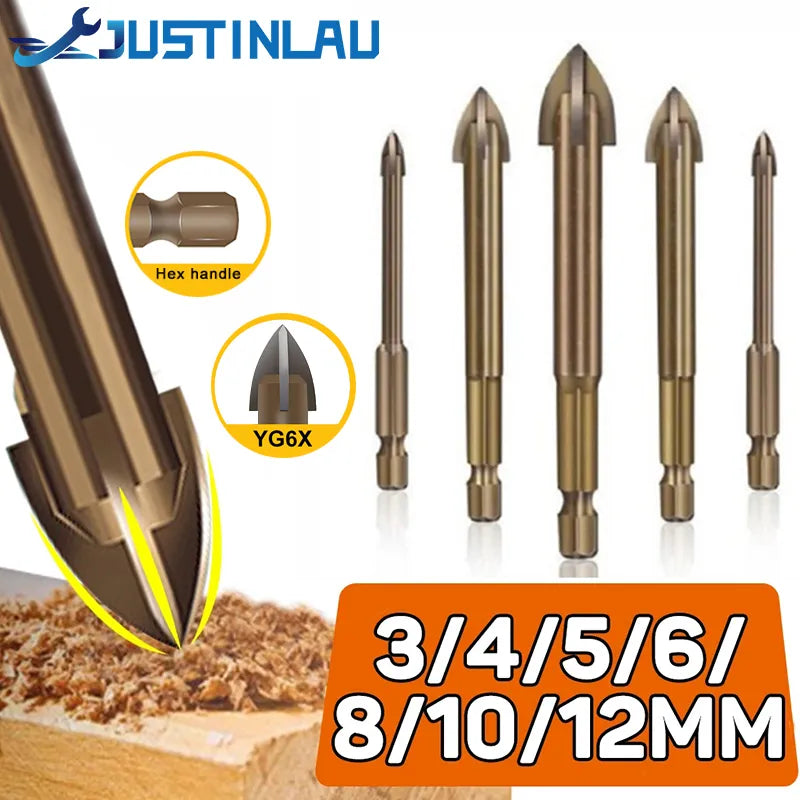 JUSTINLAU Cross Hex Tile Glass Drill Bits Set Titanium Coated Power Tools Accessories  for Glass Ceramic Concrete Hole Opener