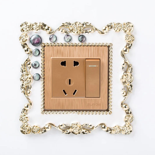 Creative Home Decoration Plastic Gold Edge Plug Decor Wall Sticker Single Light Switch Cover Socket Surround Frame