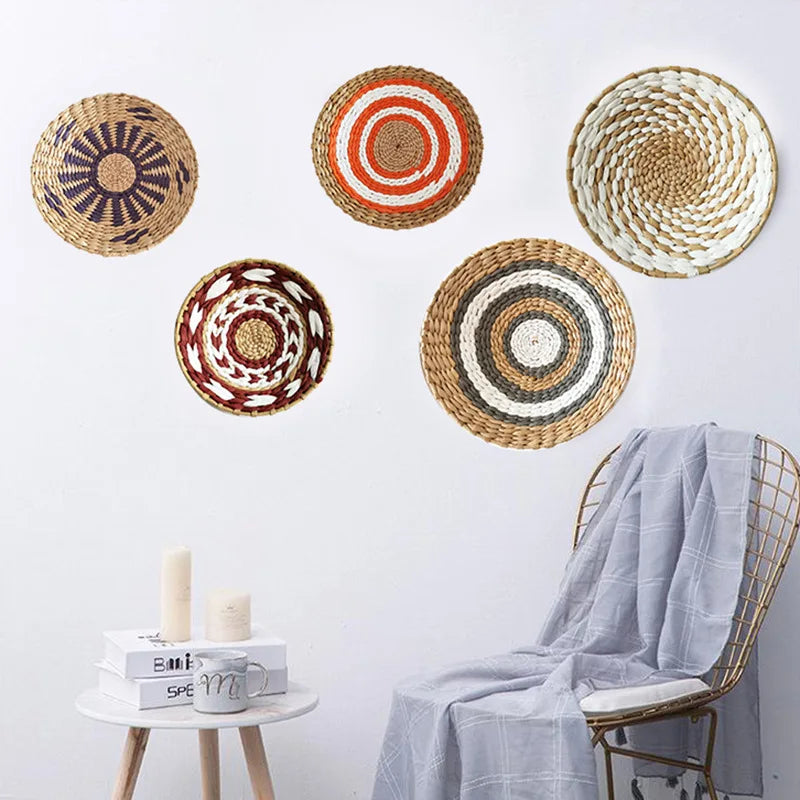 Nordic Simple Creative Rattan Grass Weaving Decorative Bowls Bread Fruit Plate Home Living Room Bedroom Background Wall Decor