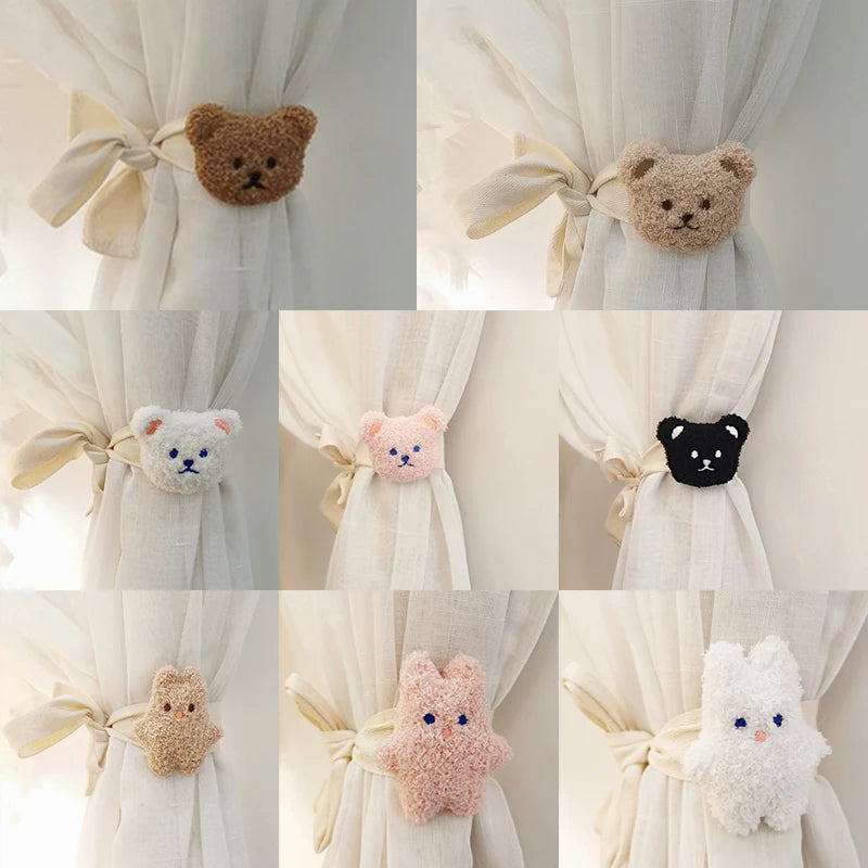 1Pc Cartoon Curtain Tieback Plush Embroidery Bear Rabbit Curtain Binding Strap Cotton Tie Rope Home Kidroom Curtain Decor Buckle